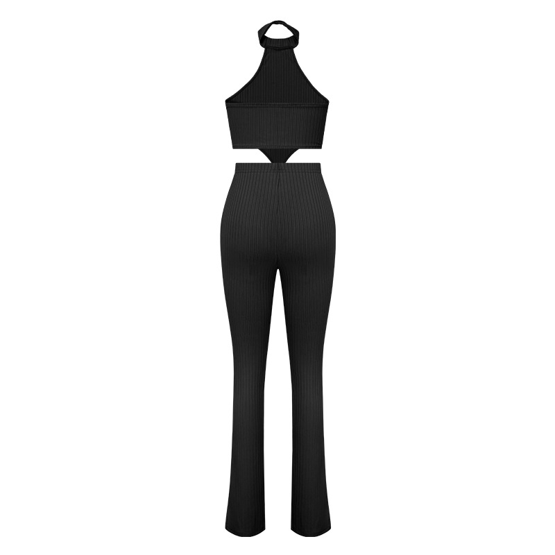 Set da donna in due pezzi casual con pantaloni a camicia senza maniche con collo appeso e ampia striscia in tinta unita_voghion.com
