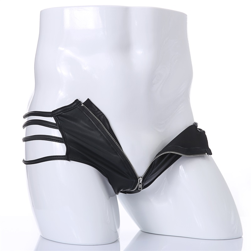 CLEVER-MENMODE Ropa interior sexi para hombre, Tanga de piel sintética de PU, vendaje BDSM, calzoncillos con cremallera, suspensorio, lencería erótica_voghion.com