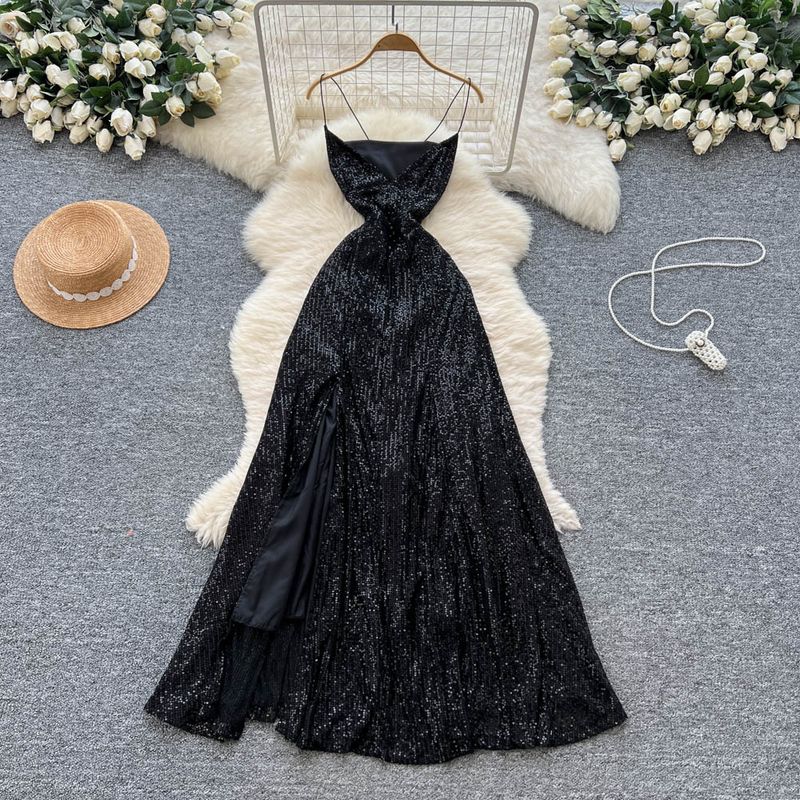 Elegantes, französisch inspiriertes, figurbetontes Kleid mit hohem Beinschlitz und Pailletten – ärmelloses A-Linien-Midikleid für Damen_voghion.com
