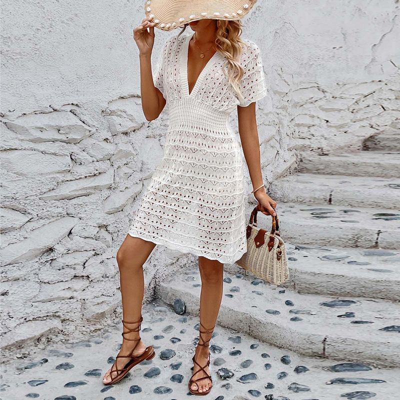 Women's Clothing Elegant Crochet Knit Beach Cover-Up Dress - Bikini Swimwear Sheer Mesh Wrap - Lightweight Sun Protection White/Black/Khaki/Light Blue_voghion.com