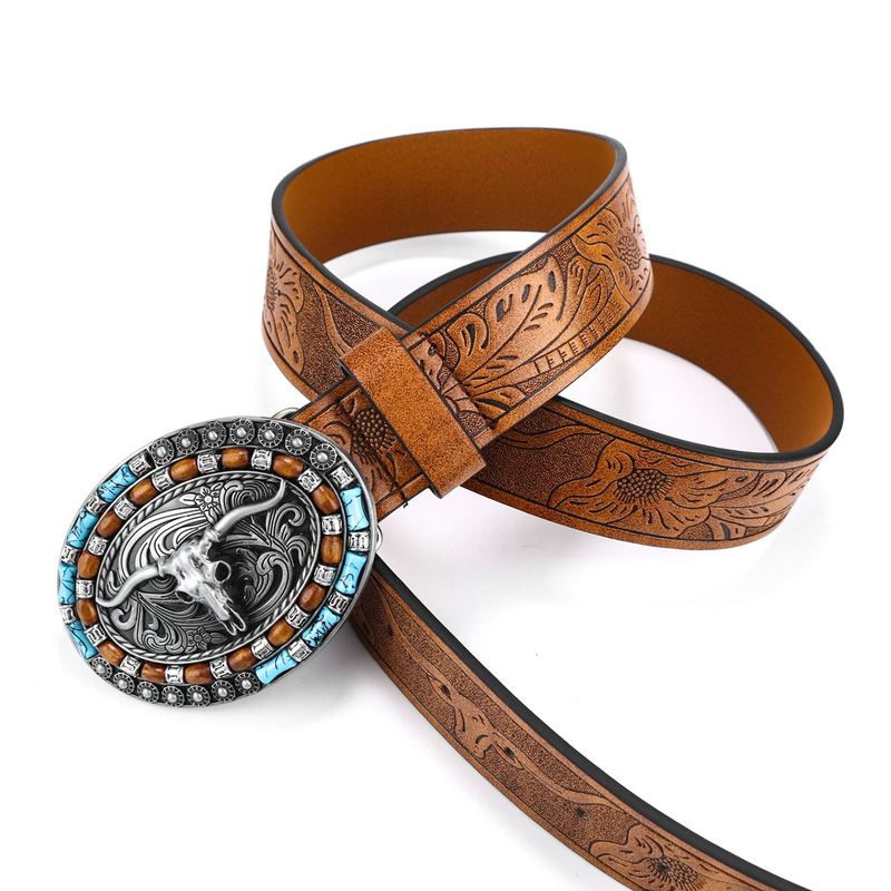 Western cowboy belt Cowhead big plate buckle trend Retro youth retro men's punk leather belt_voghion.com