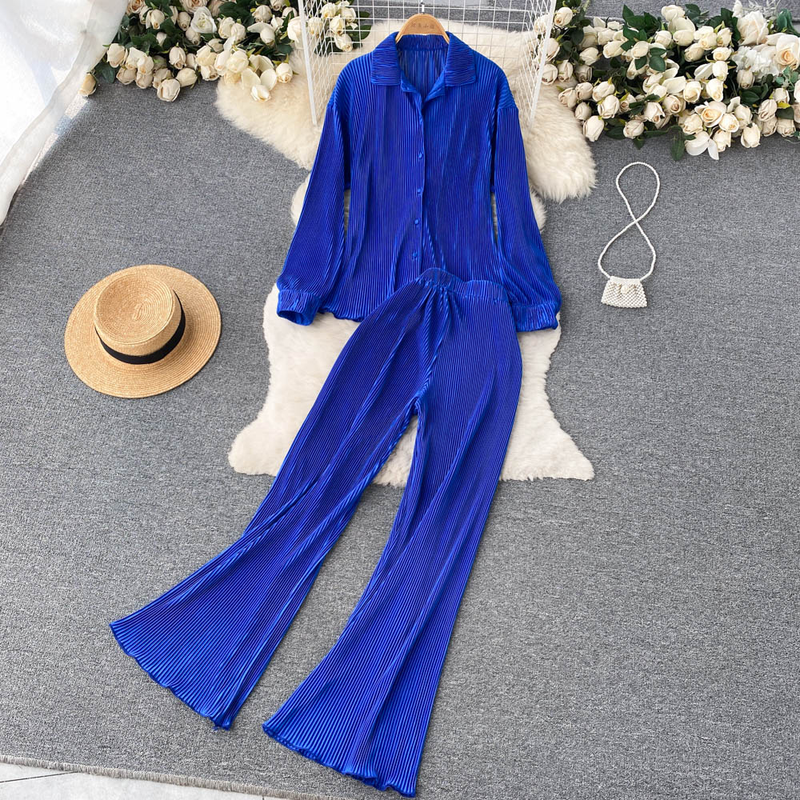 Elegant zweedeelegt Kostüm fir Fraen, Summermoud, modesch laangärmlech Hemdtop, 1-Taille-Drapéierung Casual Hosen_voghion.com
