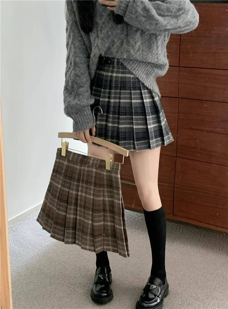 Jupe plissée femme nouvelle mode automne et hiver jupe à carreaux avec laine grande taille et taille haute une ligne courte culotte_voghion.com