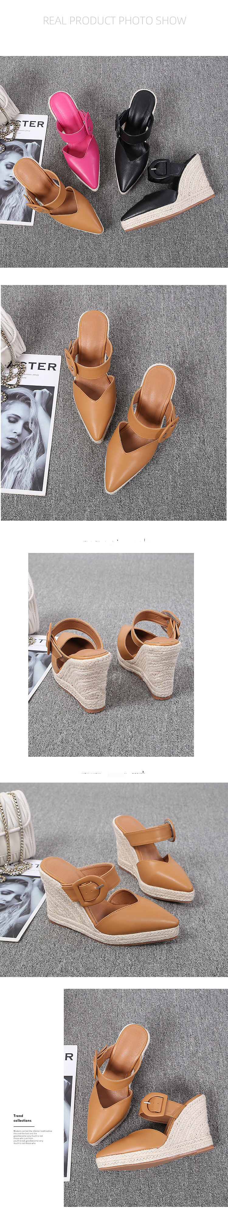 Scarpe da donna, nuove scarpe estive con tacco a zeppa, suole spesse, scarpe slip-on Baotou per donna con fibbia a una linea, tacchi alti, suole in corda intrecciata di paglia, grandi dimensioni_voghion.com