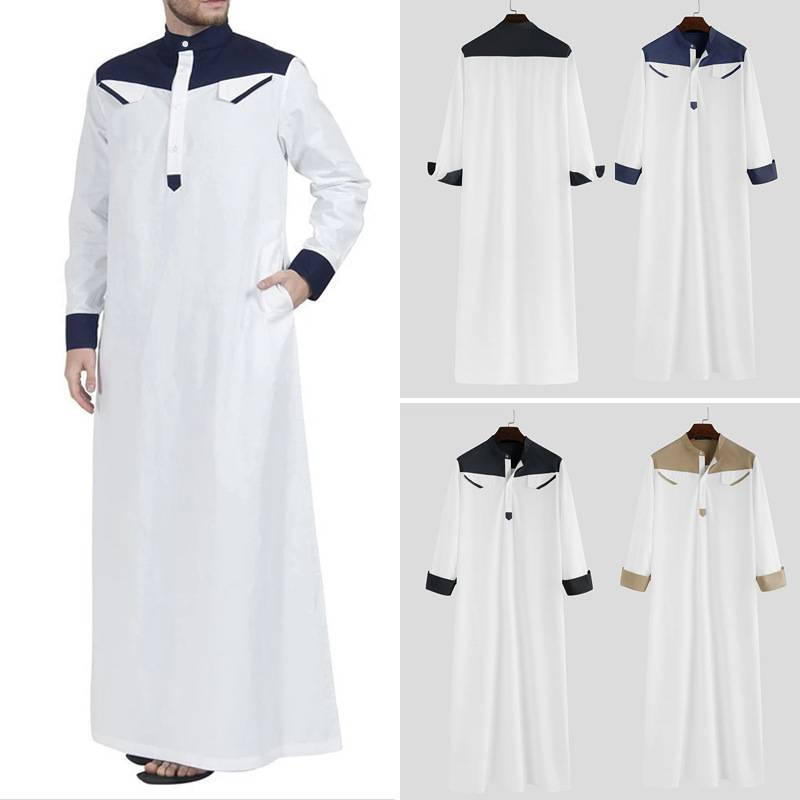 Die neue muslimische Herrenbekleidung für Herbst und Winter 2025 zeichnet sich durch einen lockeren Stehkragen im orientalischen Stil und ein langärmeliges Gewand im Farbblockdesign im Ethno-Stil aus_voghion.com