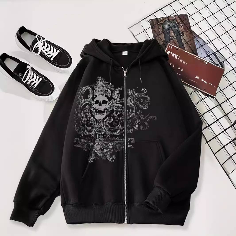 Herren-Hoodie mit Gothic-Totenkopf-Print – Schwarzes Sweatshirt mit Reißverschluss und Fleecefutter, Oversize-Passform, Langarm, Unisex-Streetwear für Freizeitkleidung_voghion.com