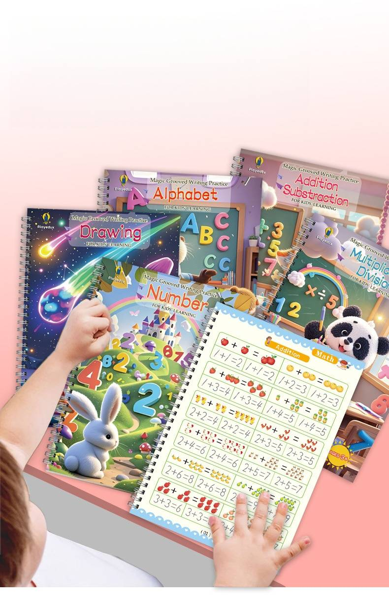 Kids Groove Practice Book Set - 5-in-1 Alphabet, Numbers, Math & Drawing Workbook With Pen & Grip (Pre-Writing Skills, Handwriting Improvement)_voghion.com