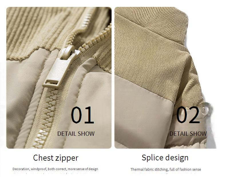 Unisex Winter Cord Wattierte Jacke - Verdickter warmer Mantel mit Stehkragen, Farbblock-Design, lockere Passform für Männer und Frauen_voghion.com