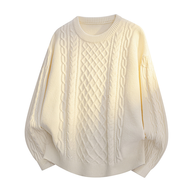 Kabelgebreide unisex trui – getextureerde ronde hals trui (M-3XL, 4 zachte tinten)_voghion.com