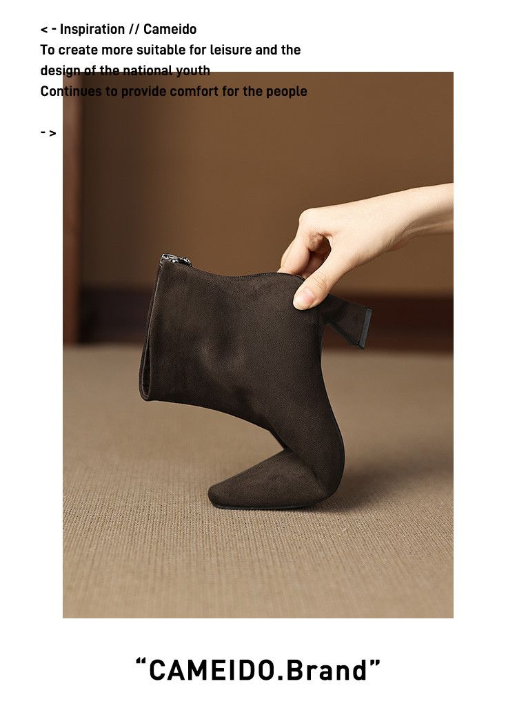 Cameido Women's French Style Suede Mid Heel Chunky Heel Slim Ankle Boots For Autumn And Winter_voghion.com