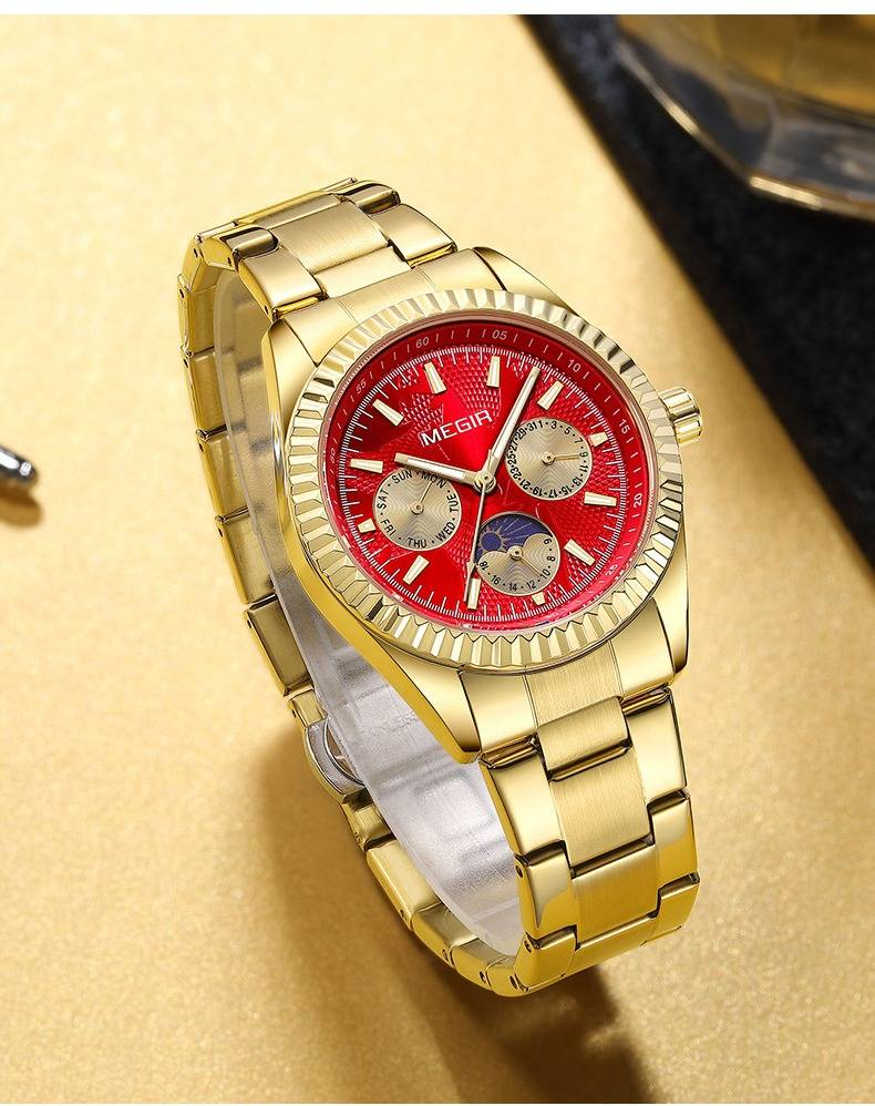 MEGIR Luxury Moon Phase Quartz Watch For Men & Women - 42mm Stainless Steel Case, Water Resistant, Elegant Business Chronograph With Luminous Hands_voghion.com