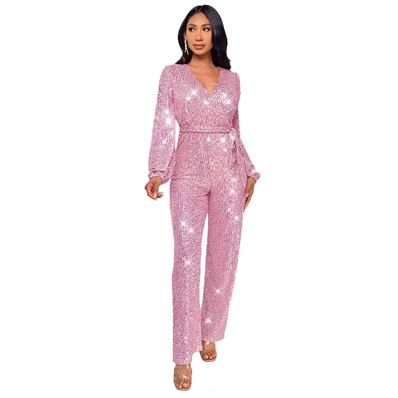 Damkläder Ins Style Deep V Mode Casual Jumpsuit Långärmat Bälte Paljett Jumpsuit Dam_voghion.com