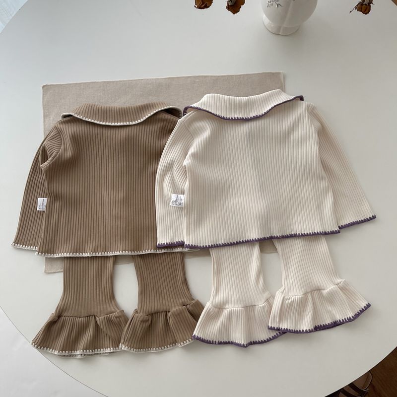INS Spring Autumn Baby Shell Knitted Split Set for Girls Babies with contrasting color cardigan and flared pants_voghion.com