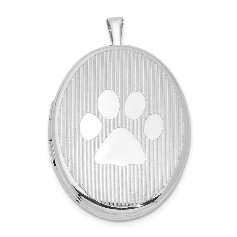 Sterling Silver Rhod-plated Textured & Polished Paw Print 26mm Oval Locket_voghion.com
