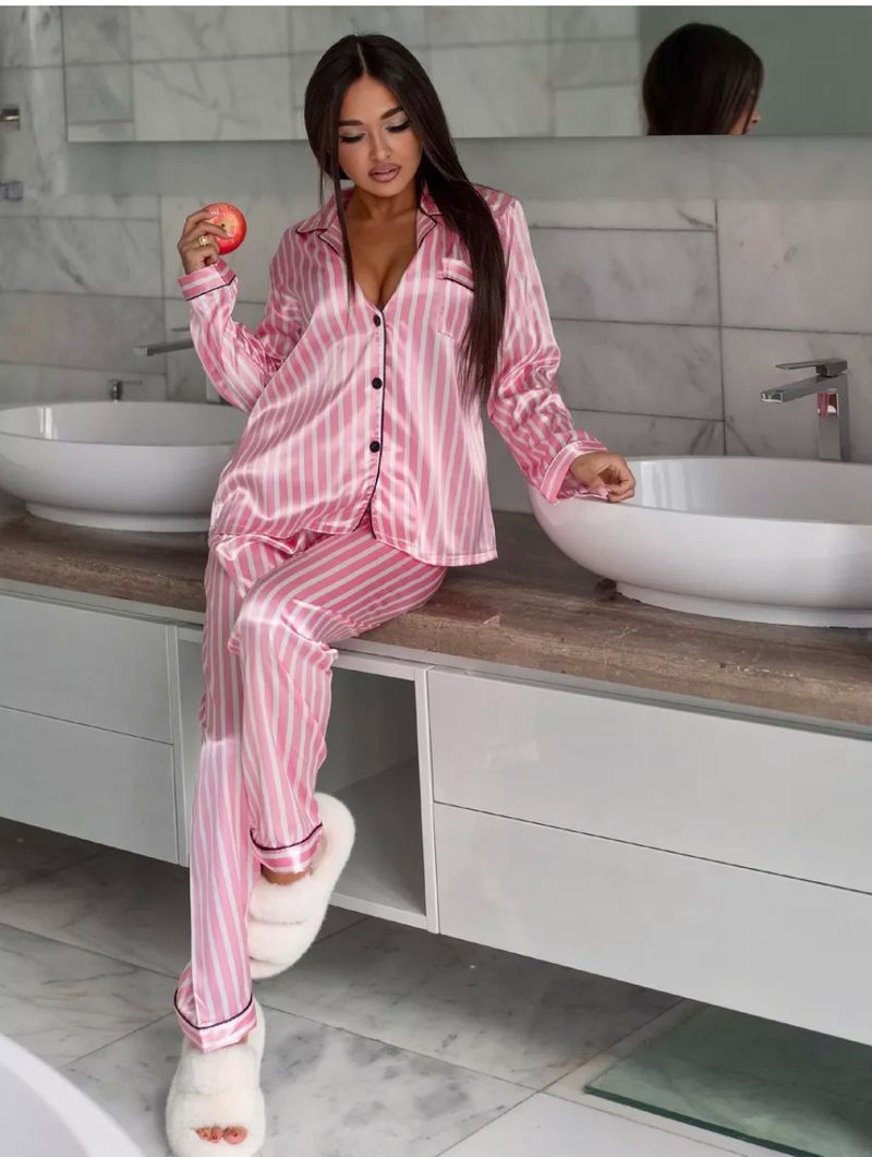 Women's Leopard Print & Pink Striped Viscose Long Sleeve Loungewear Set – Soft Button-Down Top & Long Pants, Comfortable Sleepwear For Home_voghion.com