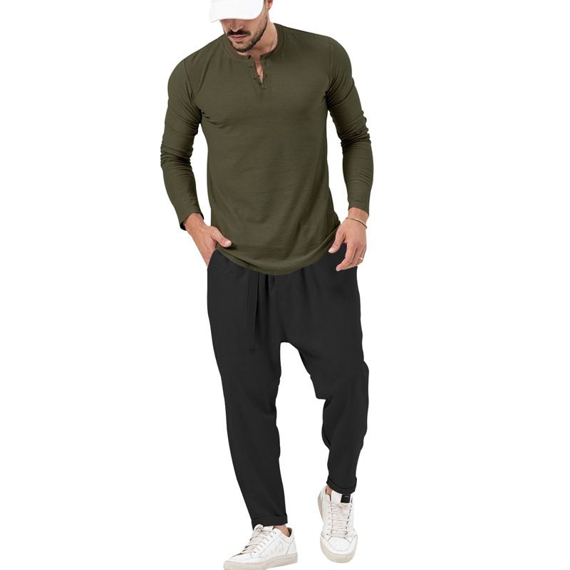 Men's solid color casual long-sleeved Henry T-shirt pantsuit_voghion.com