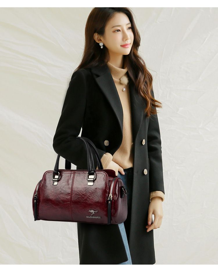 Women's Bag New Fashion Retro Versatile Contrasting Color Boston Pillow Bag Soft Leather Hand-held Large Capacity Mother Bag_voghion.com