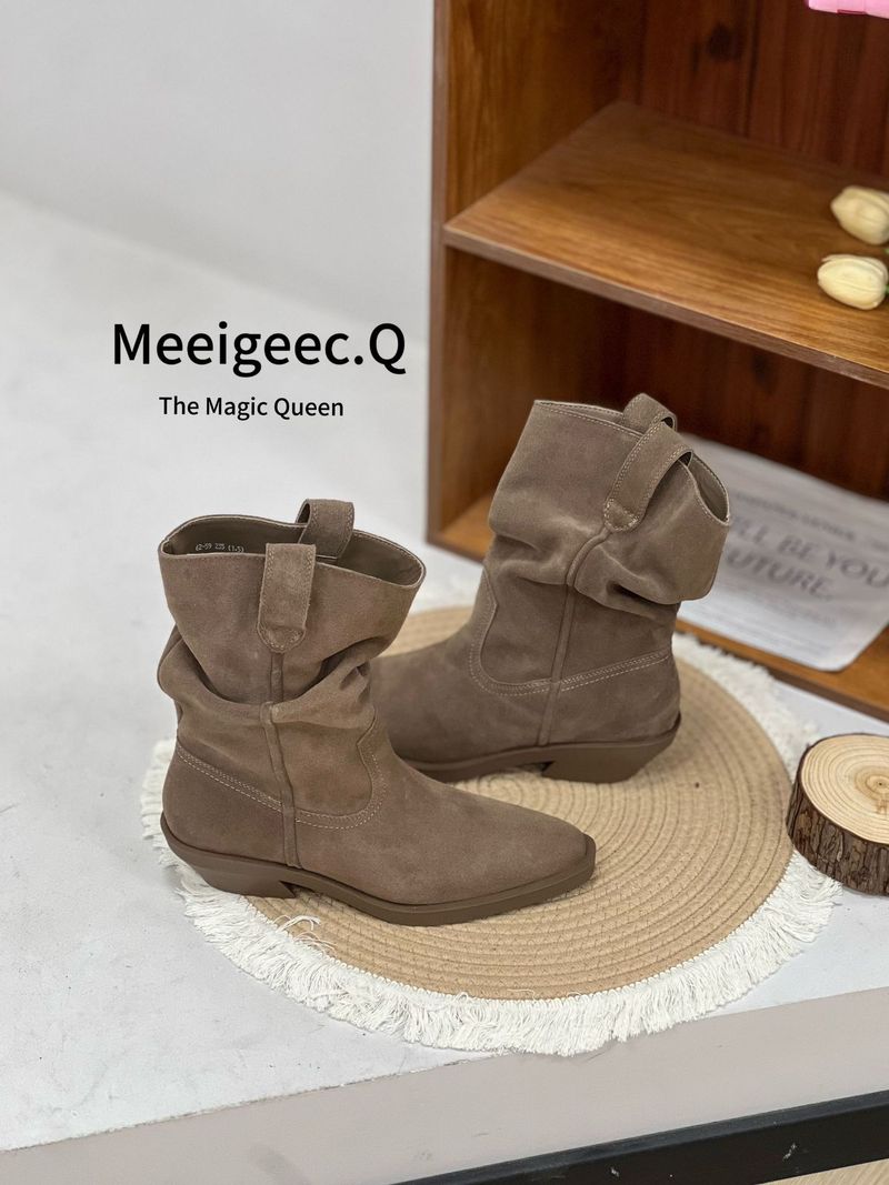Cowhide Version~ Genuine Leather Martin Boots Slim Pointed Toe Thick Heel Short Boots For Women Autumn And Winter New Style_voghion.com
