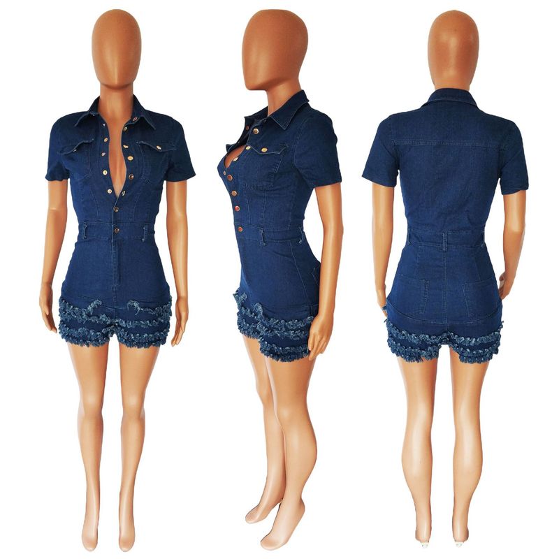 Women's fashion slim-fit denim romper with fringe and fur edge_voghion.com