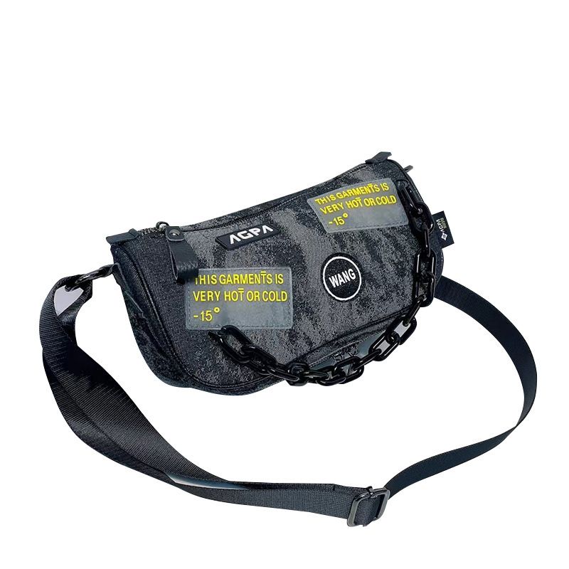 Modische Umhängetasche aus Denim mit Farbblock-Muster, dicke Kette, Schultertasche aus Netzstoff, vielseitige kleine Tasche für Damen_voghion.com