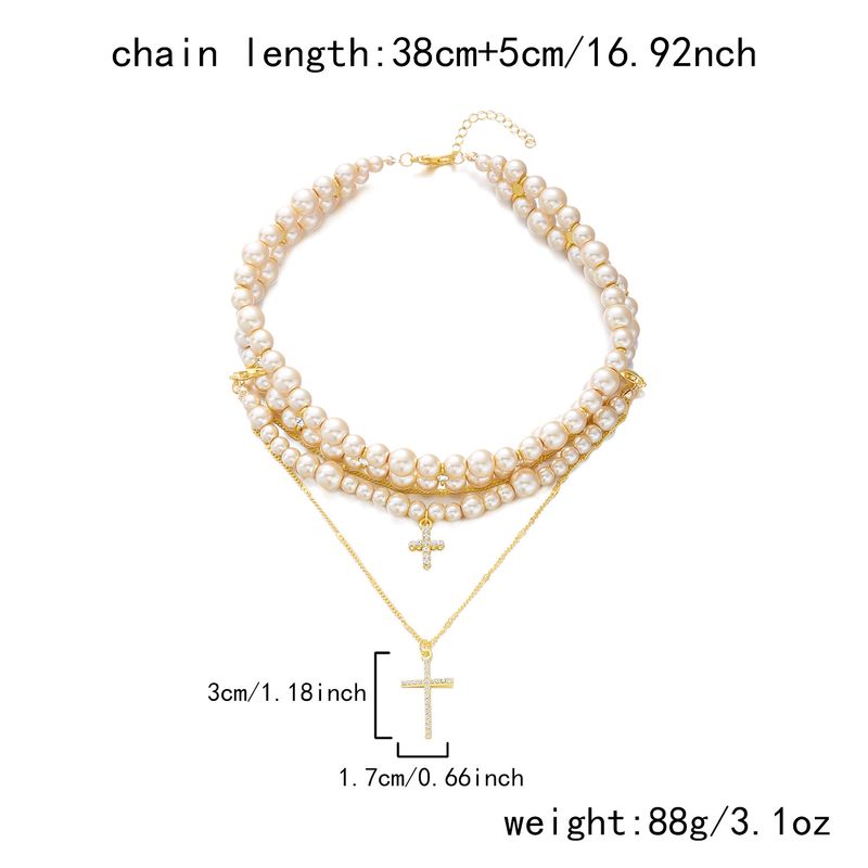 Collane Collana di perle multistrato alla moda e di alta qualità con ciondolo a croce di diamanti Collana per clavicola Collana versatile di nicchia per le donne_voghion.com