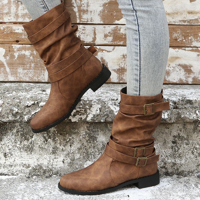2022 Winter new foreign trade plus size mid-calf boots Women's Round Toe Flat belt buckle Martin boots motorcycle boots in stock_voghion.com