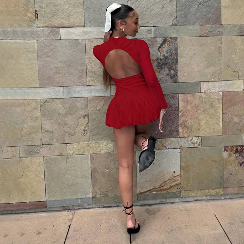 Damen Rückenfreies Mini Bubble Kleid Y2K Streetwear Mädchen Langarm Tuniken Kurze Plissee Kleider Urlaubsoutfit Party Ballkleider_voghion.com