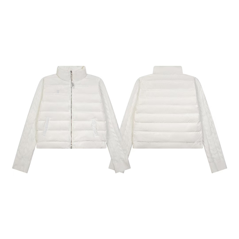 2024 Neue gestrickte, gespleißte Stehkragenjacke aus weißer Entendaunen, leichtes Design, Winter-Baumwolljacke_voghion.com