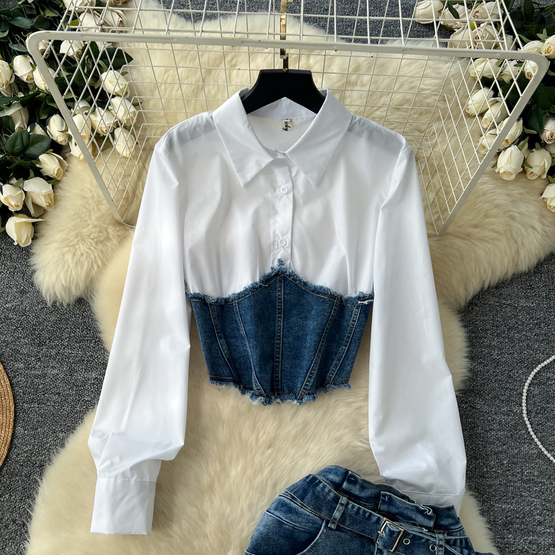 Ropa de mujer, estilo diosa, moda, empalme, camisa de manga larga de dos piezas, cinturón para mujer, falda vaquera, traje de dos piezas_voghion.com