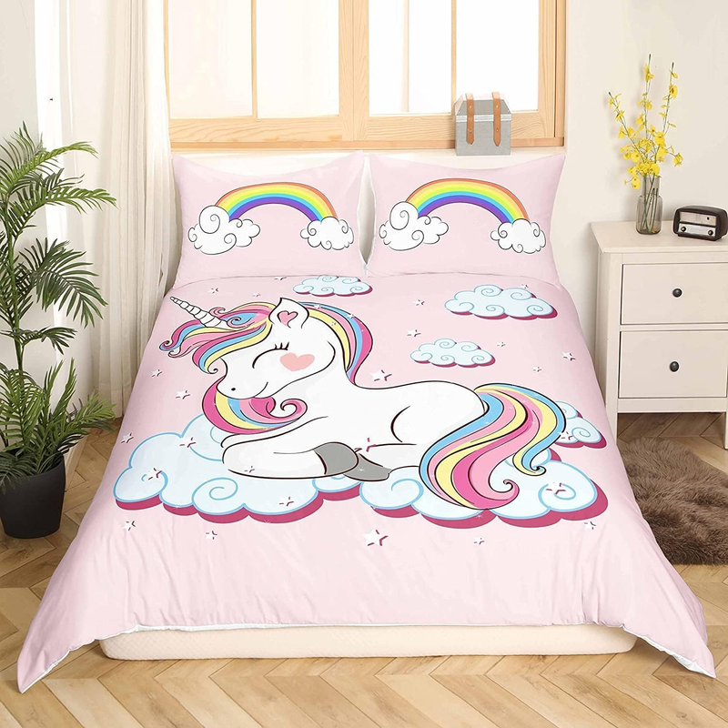 Einhorn-Bettwäsche, Fantasie-Einhorn-Bettwäsche-Set für Kinder und Mädchen, magische Tier-Bettbezug, Fee-Cartoon-Bettwäsche_voghion.com