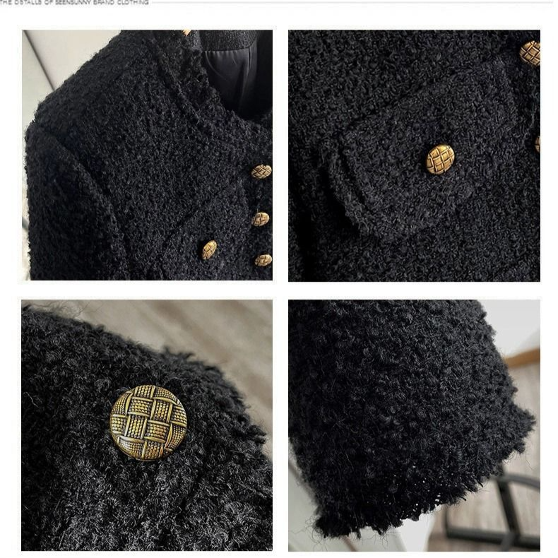 Elegante giacca corta in tweed nero da donna - Blazer corto in stile classico con maniche lunghe, scollo rotondo e bottoni (S/M/L/XL)_voghion.com