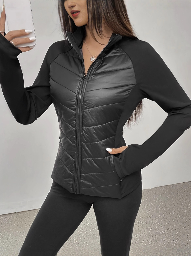 Damen Slim-Fit Patchwork Steppjacke - Stylischer Polyester-Baumwollmantel mit Stehkragen, Elegantes Schwarz, S-XXL (Perfekt für Arbeit & Freizeit)_voghion.com
