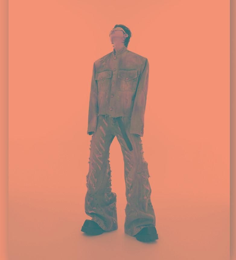 Men's Clothing Niche Retro Wasteland Destruction Denim Jacket Suit Heavyweight Distressed Jacket Flared Jeans Trend_voghion.com