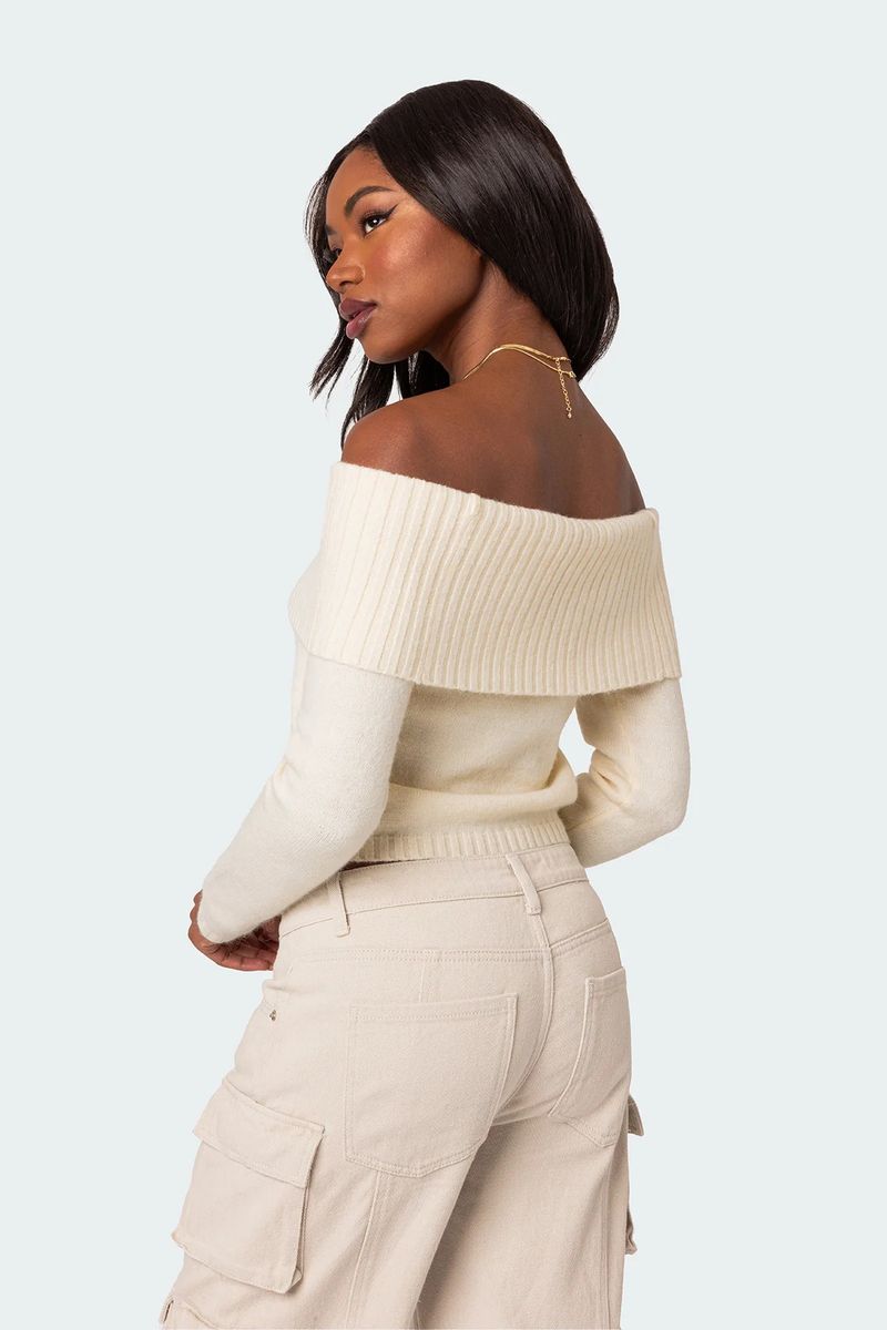 2025 Frühjahr Neues Strickoberteil Damen Einfarbiger Off-Shoulder Langarm Pullover_voghion.com