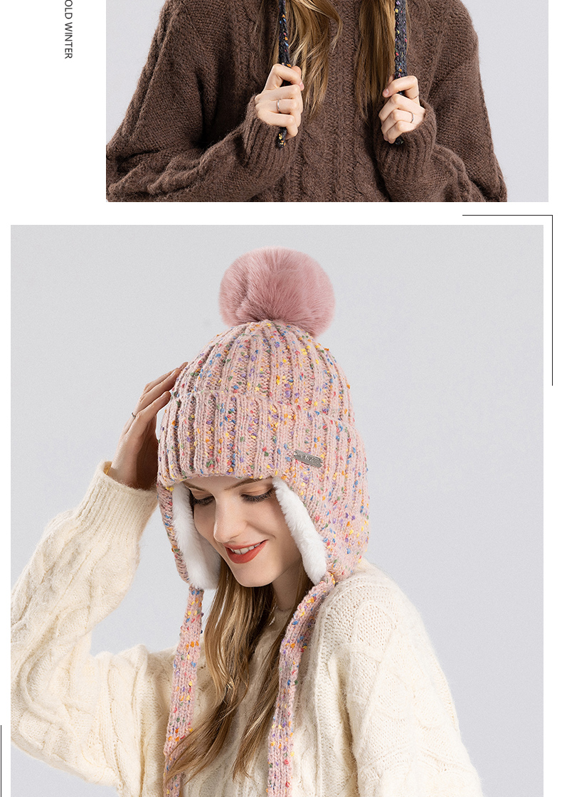 Berretti da donna alla moda con paraorecchie, in pile Sherpa con cappuccio, da sci e da neve, spessi, in maglia, con pompon grande_voghion.com