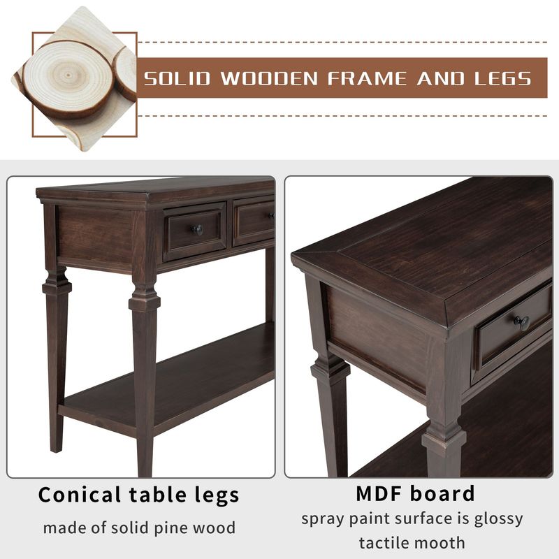 Classic Retro Style Console Table With Three Top Drawers And Open Style Bottom Shelf,Easy Assembly_voghion.com