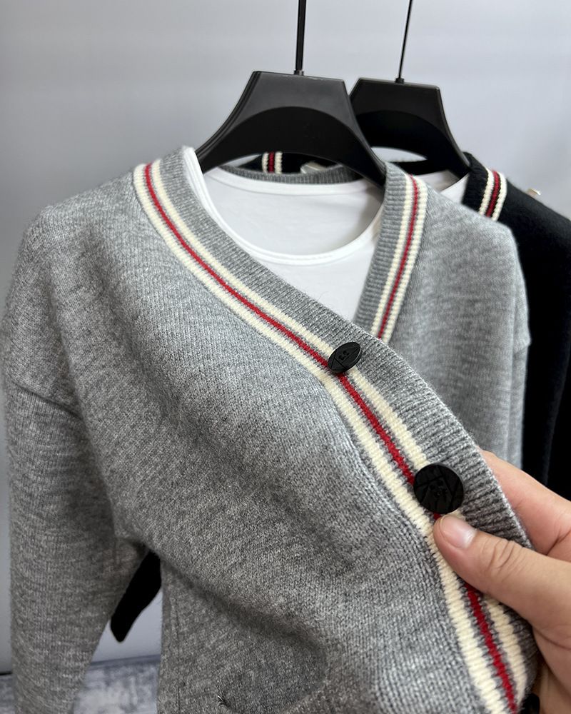 Cardigan in maglia con scollo a V da uomo – Pullover casual oversize (M-4XL, nero/grigio)_voghion.com