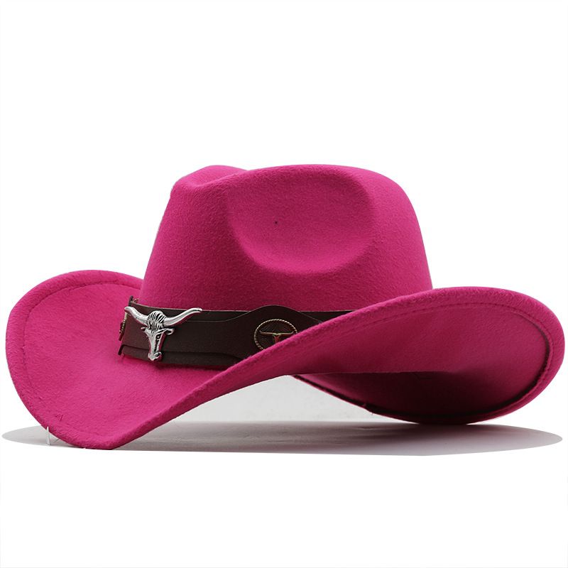 Cappello a cilindro semplice in lana con tesa rovesciata in stile inglese, cintura con testa di mucca, cappello da cowboy occidentale di colore solido_voghion.com
