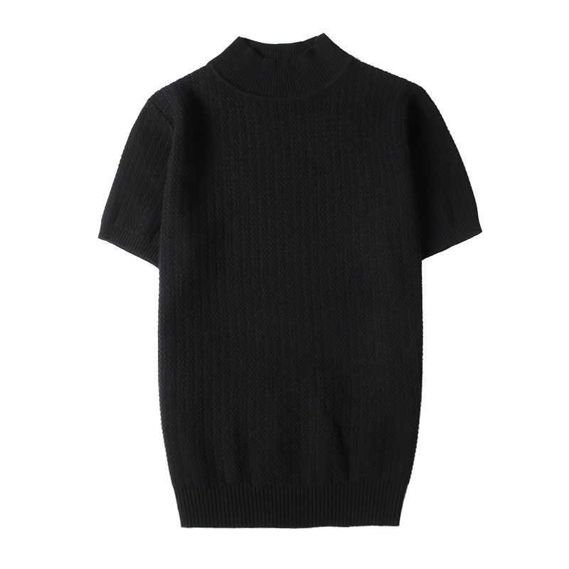 Frühling Herren Slim Fit Halbrollkragen Lässige Mode Hübsches T-Shirt Mittelhals Kurzarm Strickpullover Basis_voghion.com