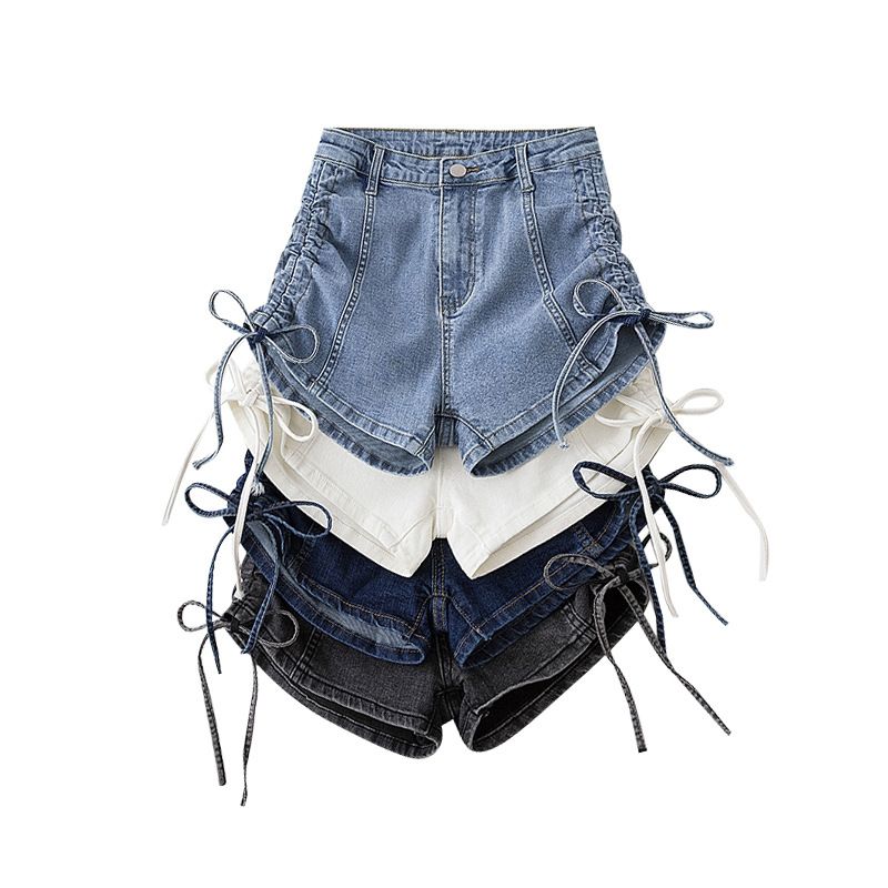 Drawstring tied high waisted elastic denim shorts for women's summer thin straight versatile slim fit wide leg hot pants_voghion.com