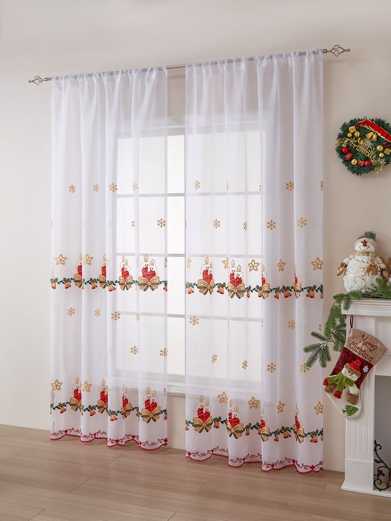 Polyester gordijnen met geborduurde kerstsneeuwvlokken - semi-transparant raampaneel voor woonkamer/slaapkamer (130x214/245cm, roedezak, rood/wit)_voghion.com