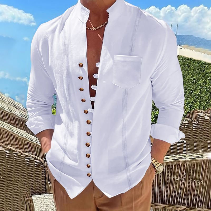 Camicia a maniche lunghe casual e ampia in cotone e lino, stile retrò cubano, da uomo_voghion.com