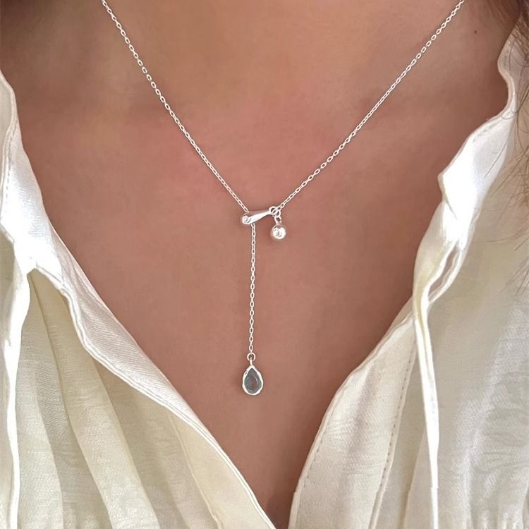 Sterling Silver Blue Water Drop Necklace Women's Adjustable Clavicle Chain Ins Silver Necklace_voghion.com