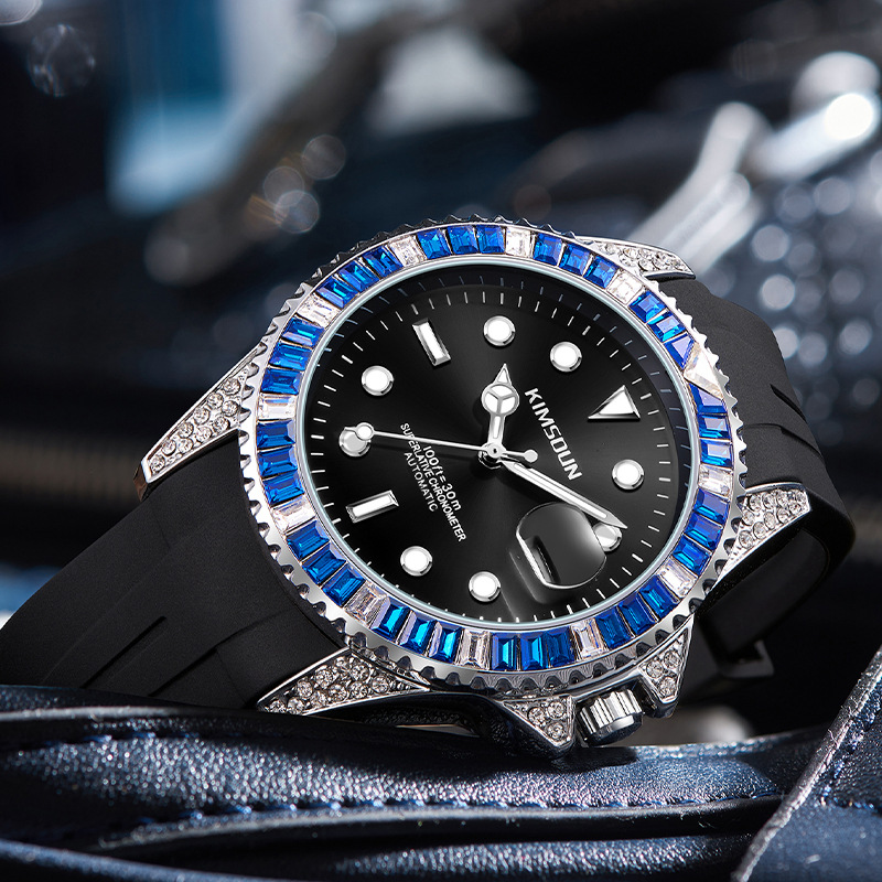 Neue diamantbesetzte schwarze Wassergeist-Uhr von Jinshidun, vollautomatische mechanische Uhr mit Band, modisch leuchtende wasserdichte Herrenuhr für Männer_voghion.com