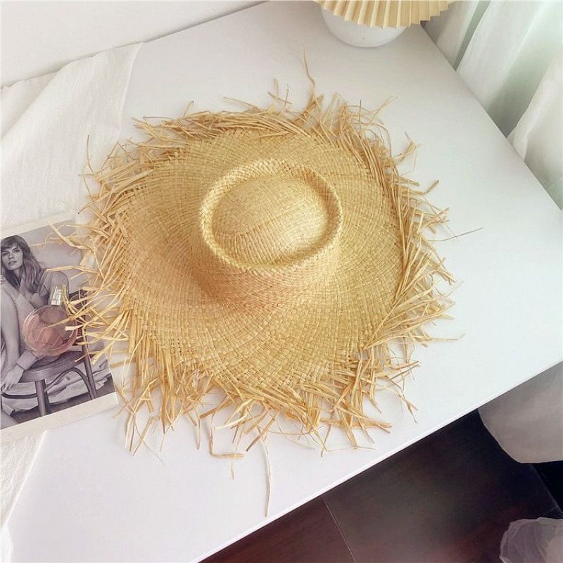 Hot Sale New Summer Wacation Natural Lafite Women's Handmade Woven Beach Straw Hat Tassel Splicing Design_voghion.com