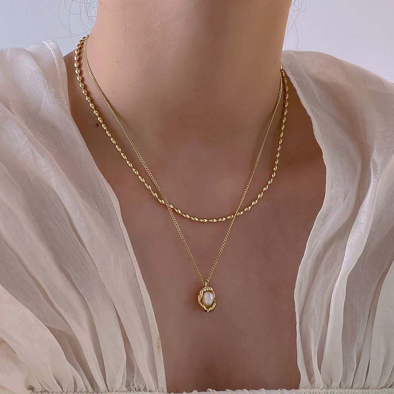 Mode Vintage Doppel Schicht Perle Anhänger Halskette Für Frauen Elegante Silber Farbe Unregelmäßigen Schlüsselbein Kette Halsketten Schmuck 2024_voghion.com