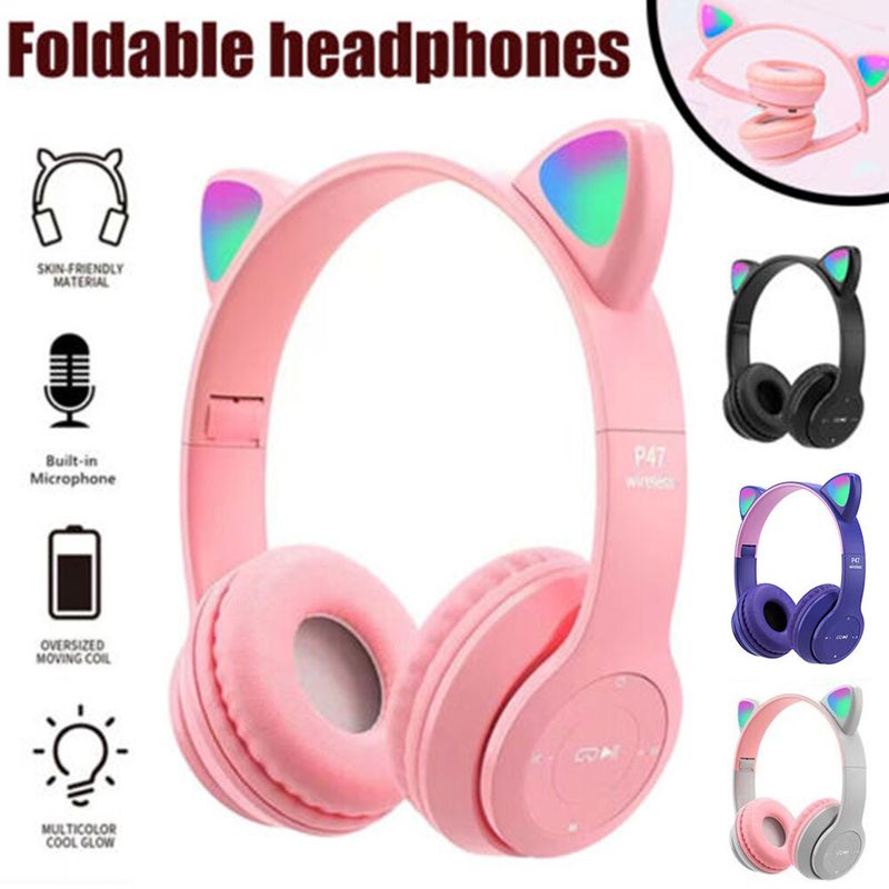 Kinder Katzenohr Kopfhörer Wireless Bluetooth Headset LED Leuchten Kopfhörer_voghion.com