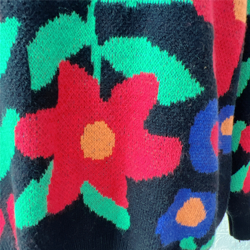 Dámský nový podzimní a zimní barevný pletený svetr s dlouhým rukávem, kulatým výstřihem a velkým květem_voghion.com