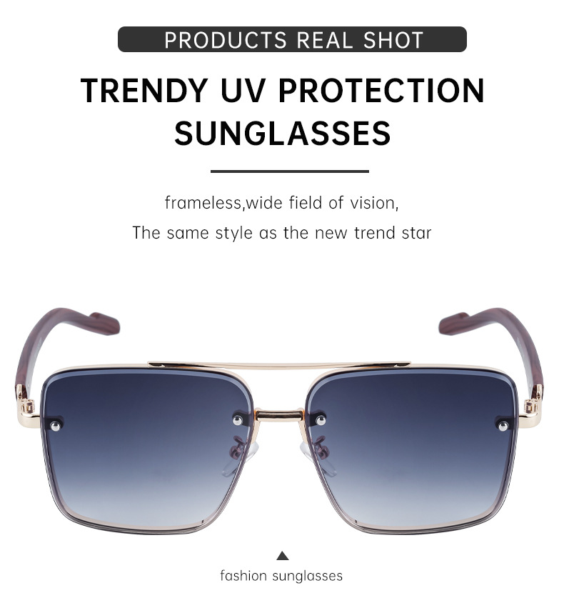2024 Neue europäische und amerikanische Vintage-Doppelstrahl-Sonnenbrille aus Metall für Herren, Spiegelbeine aus Holzimitat, Anti-Blaulicht-Sonnenbrille für Herren_voghion.com