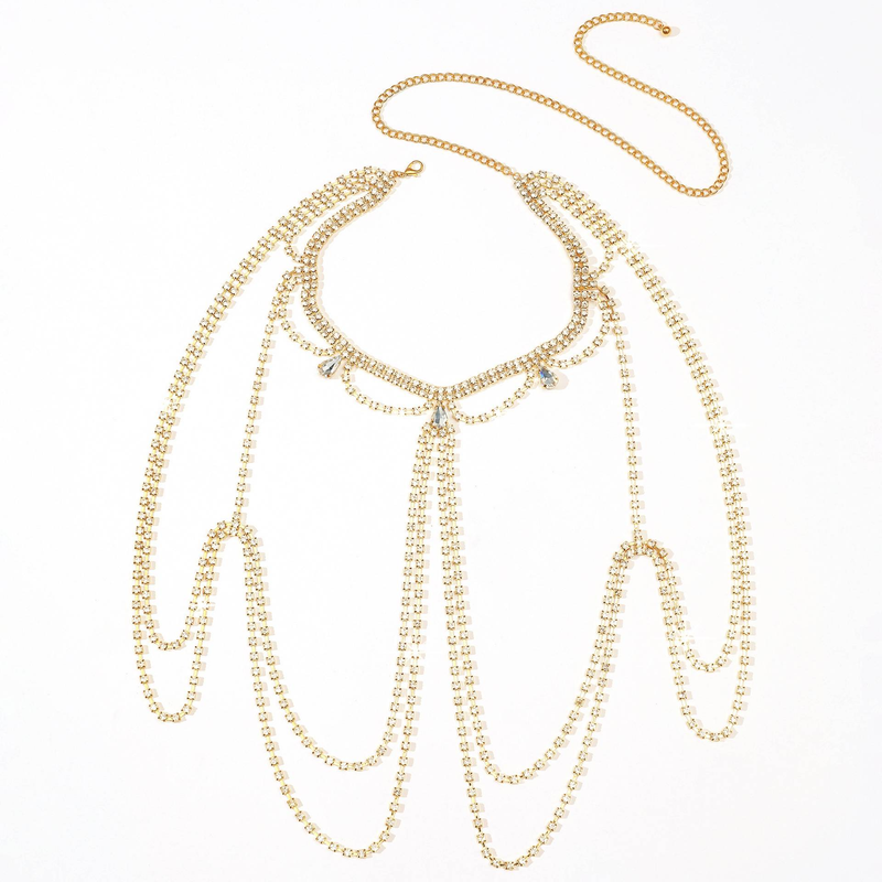 New Fashion Sparkling Diamond Water Drop Zircon Tassel Chest Chain Dinner Shoulder Chain Necklace Body Chain Water Diamond Chain Women's Accessori_voghion.com